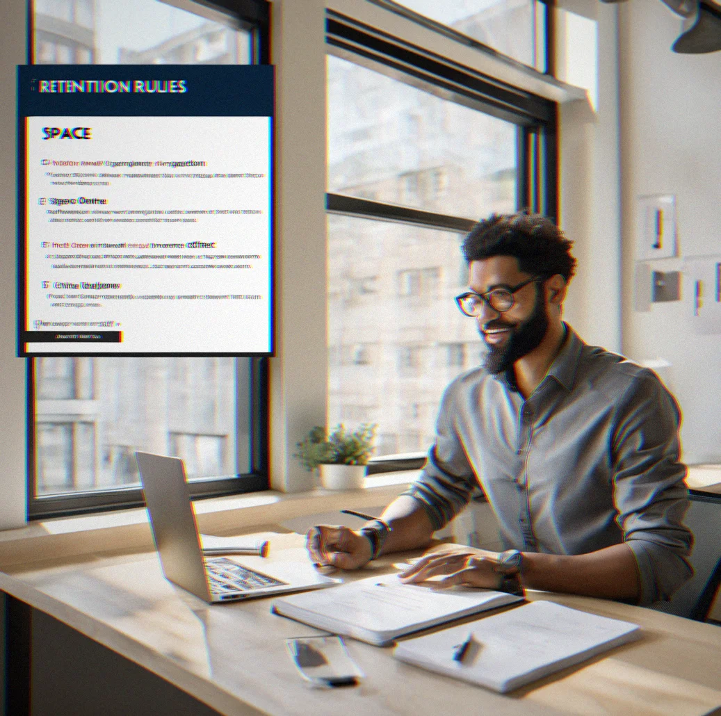 Retention rules configuration panel with calendar dates and document type selectors